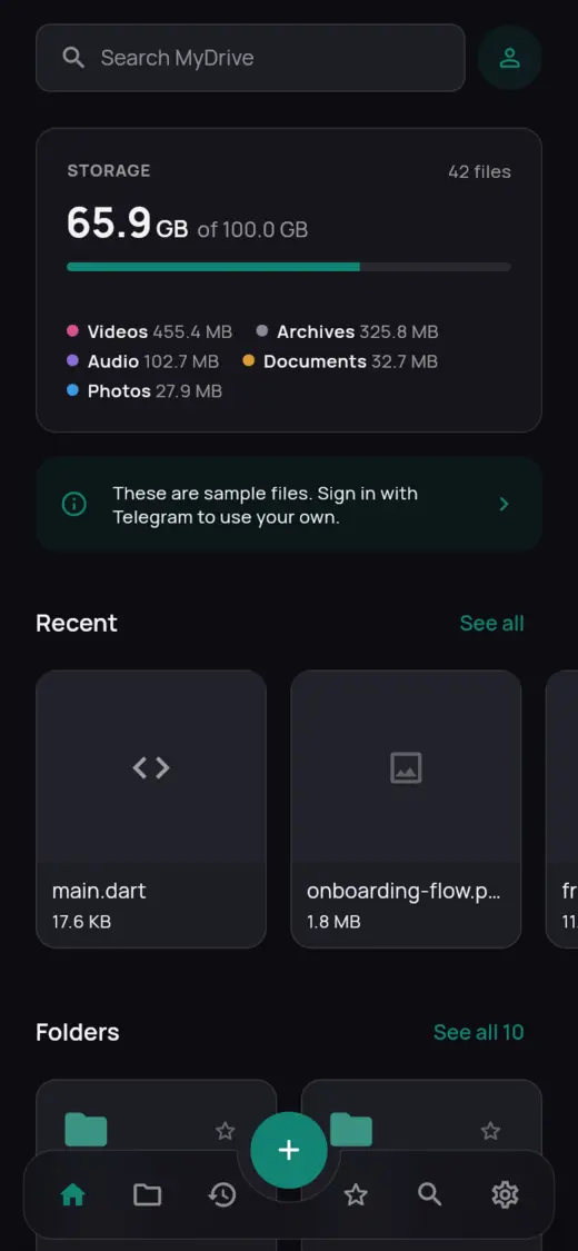 Home screen in dark mode