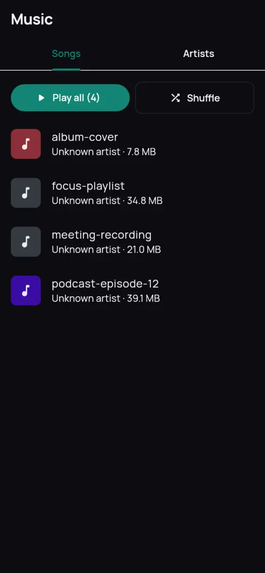 Music library in dark mode
